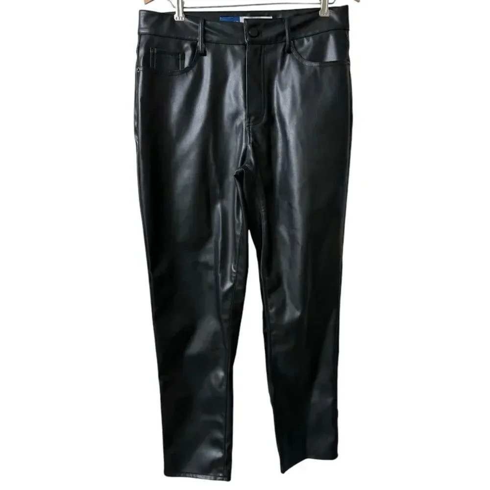 Black Faux Leather Straight Leg High Waisted Pants Size 10 MCEDAR Warm l‎